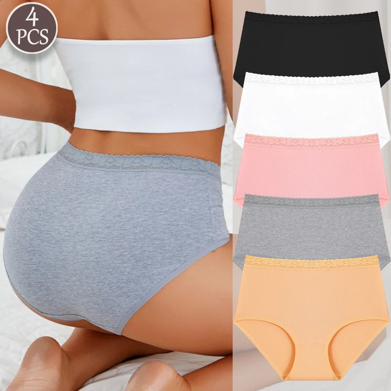 FINETOO 4Pc Women Cotton Lace Floral Briefs Underwear Seamless High Waist Elastic Breathable Panties Female Solid Color Lingerie 260624