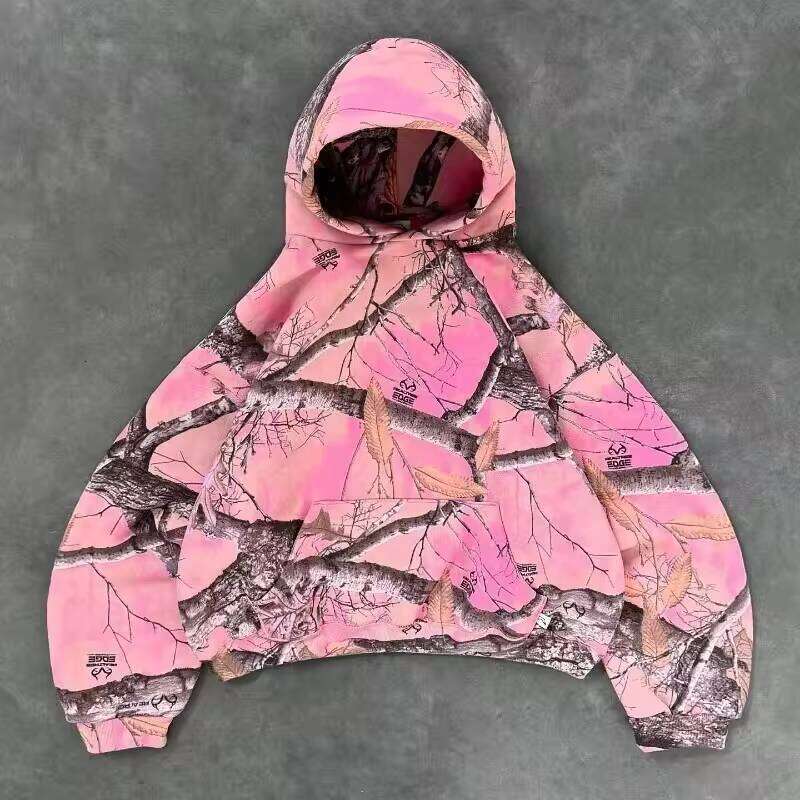 Y2K Retro Men Pink Branch Print Camouflage Pattern Sweatshirt High Street Hip Hop Streetwear Goth Camo Hoodie Unisex Coat W260626