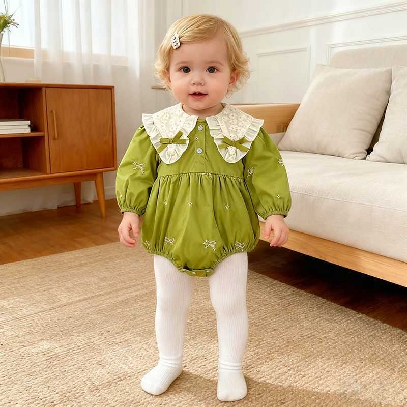 2026 New Spring Infant 0-24M Baby Girl Green Bow Bodysuit Cotton Embroidery Clothing Long Sleeved Toddler Baby Girl Jumpsuit Y260625JRPX