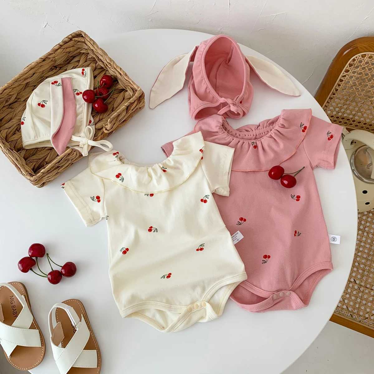 Summer Baby Romper for Girls Newborn Jumpsuit Cherry Cute Ears Hat Short Sleeve Baby Clothes 0-2 Years Old Y260625O4P8