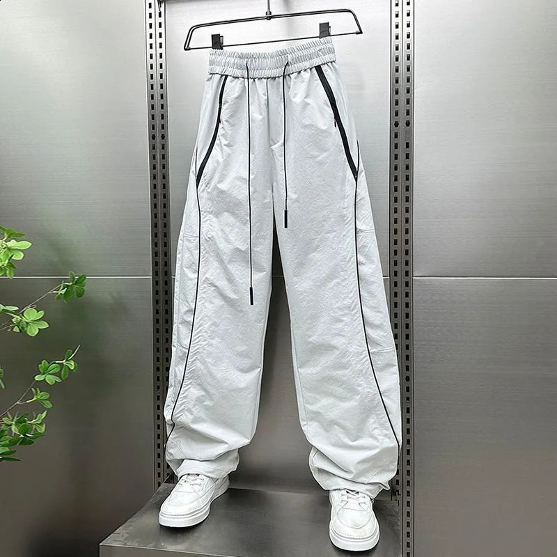 Mens Quick Dry Striped Track Pants Loose Straight Leg Drawstring Waist Casual Sports Trousers 260625