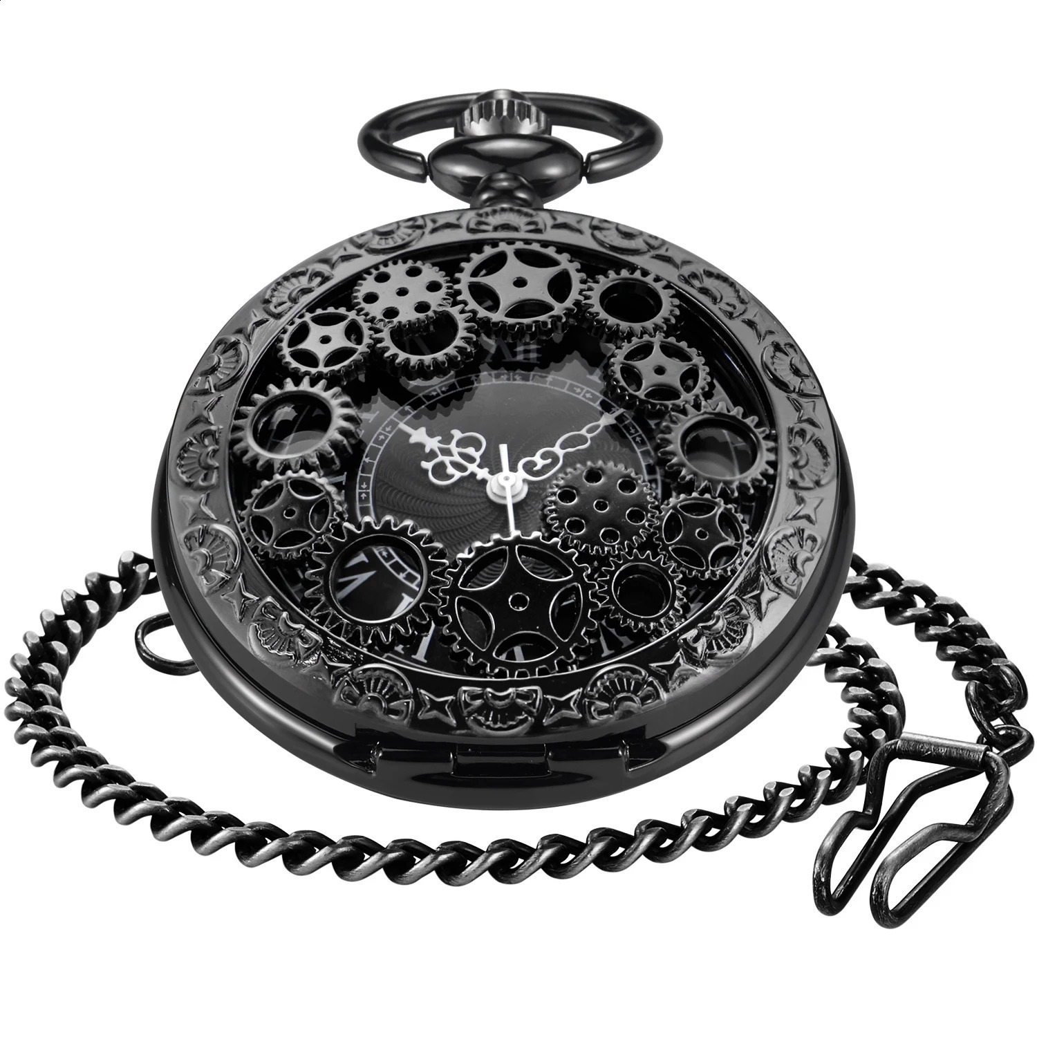 Steampunk Steel Vintage Hollow Black Gear Hollow Quartz Pocket Watch Necklace Pendant Clock Chain Mens Womens CF1036 260625