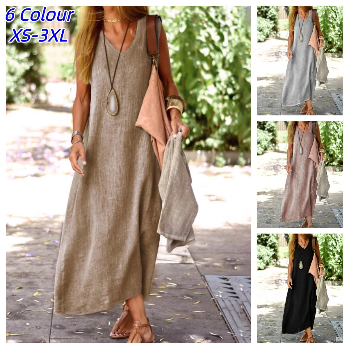 Women V Neck Pullover Cotton Linen Solid Color Loose Summer Bohemian Comfortable Casual Sleeveless Long Skirt Tank Dresses 260613banjia