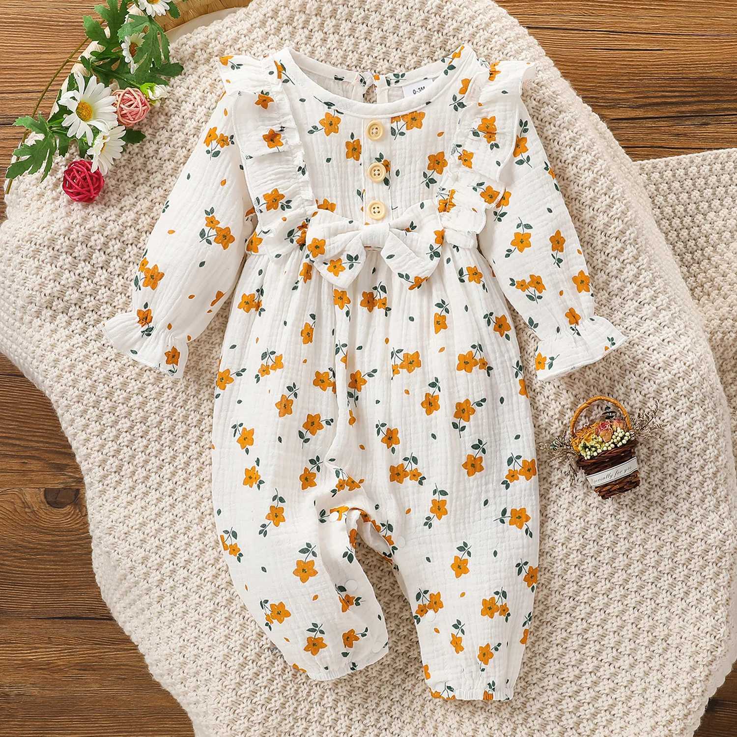 New Baby Girls Long Sleeve Printing Flower With Cotton Bow Summer Bobysuit Cute Jumpsuit Y2606255044
