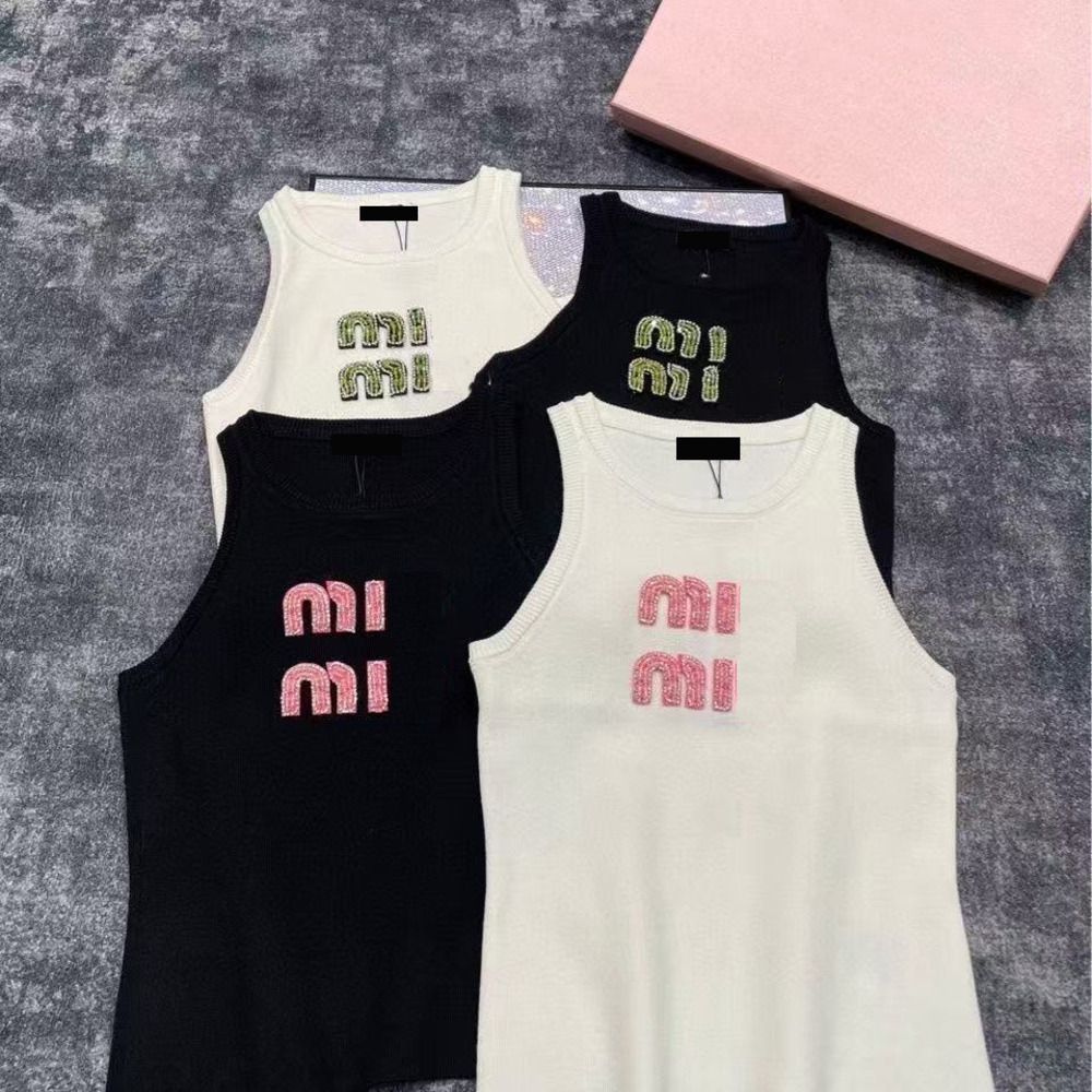 Miu Tank Top Woman Designer Vests Summer Womens Mm T Shirt Light Miu Tanks With Diamond Embroidery Sexy Sequin Nail Bead Letter Sticker Slim Fit Kni