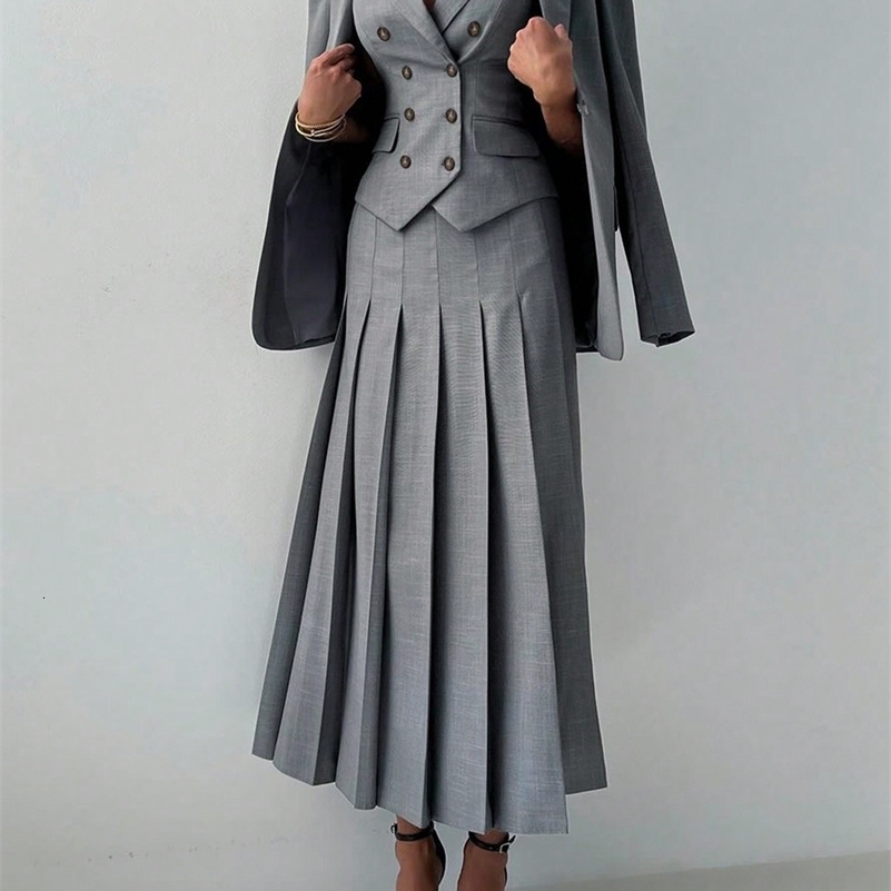 3pcs Women Elegant Work Casual Business Suit Set Fitted Vest for SpringSummer Pleated Midi Skirt Suitable for Office Lady 260625