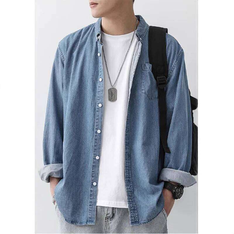 Men's Thin Denim Jacket Solid Color Lapel Shirt Simple Slim Fit Daily Casual Spring and Summer W260626