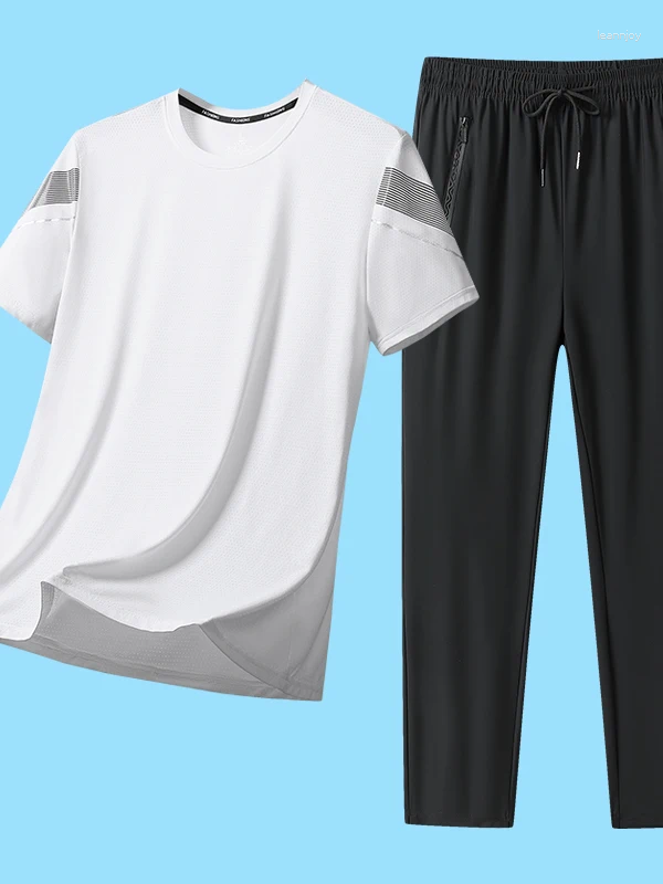 Men's Tracksuits Casual Sports Ice Silk T-irt Ort Sve Thin Summer Outfit Two-Piece Set Polyester Fiber Large Size Clothing