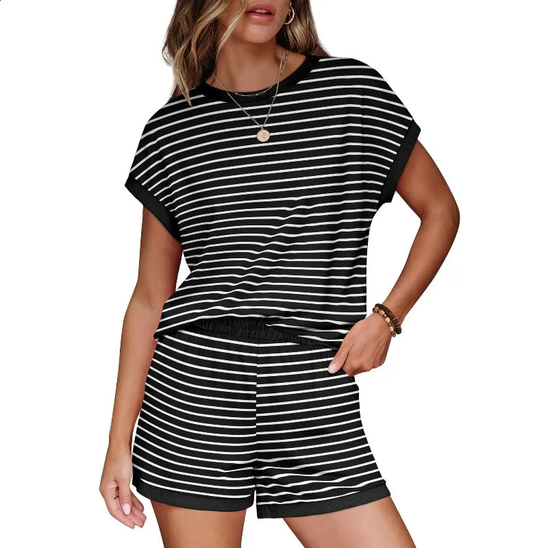 Womens Striped Pajamas Set Summer Short Sleeve Round Neck Top And Shorts Sleepwear 2 Piece Casual Loose Home Wear 260625