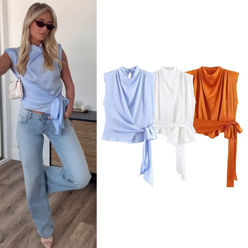 Womens Top Spring Summer Satin Textured Knotted Decorative Top for Women Fashion High Street Trendy Chic Female Top 260625