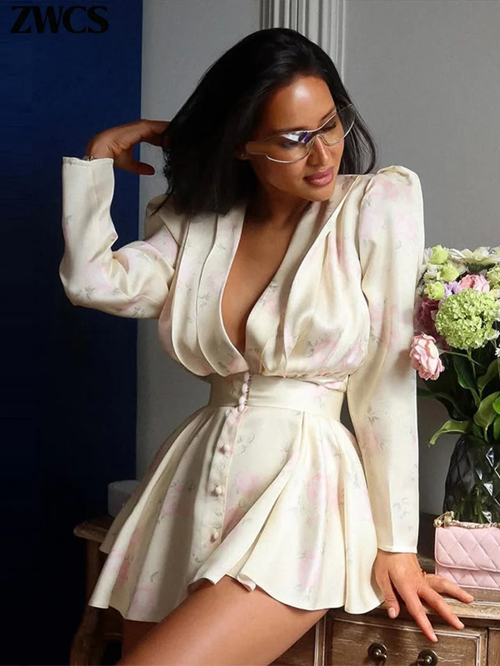 Elegant Floral Print Mini Dresses Womens Sexy Deep Vneck Waistcinching Full Sleeve Short Robes 2026 Summer Ladies Vestido 260625