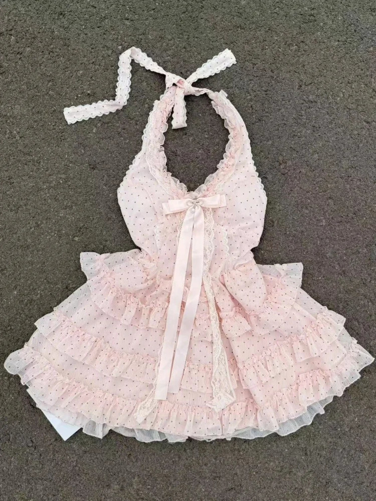 Summer Sweet Halter Neck Polka Dot Mini Dress Women Kawaii Lolita Bow Lace Slim Dress French Elelgant Sexy Slim Party Dress 260625