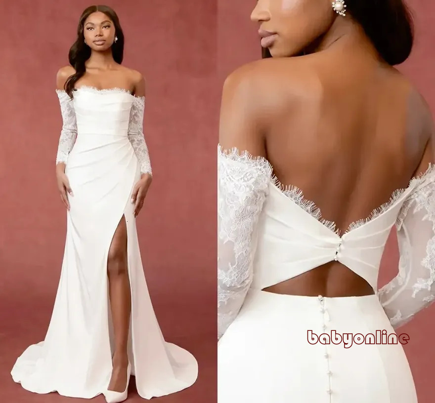 Sexy Simple Mermaid Wedding Dresses Off The Shoulder Long Sleeves Backless Silt Lace Satin Bridal Bride Gowns Beach Boho Vestidos De Noiva Sq573