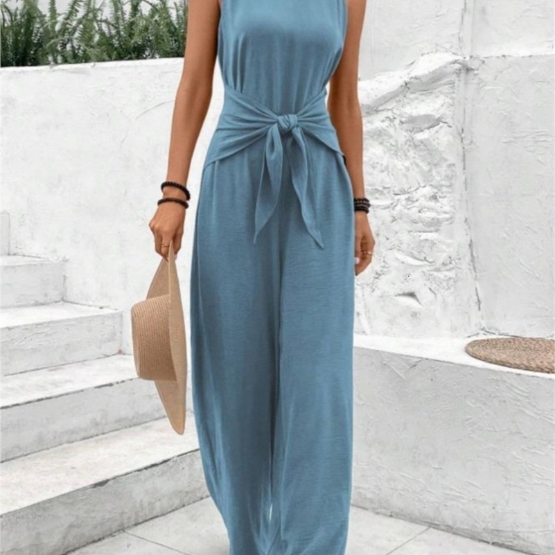 Fashion Solid Jumpsuit For Women Casual Sleeveless V Neck Lace-Up Wide Leg Pants Jumpsuits Lady Summer Holiday Womens Clothing 260625