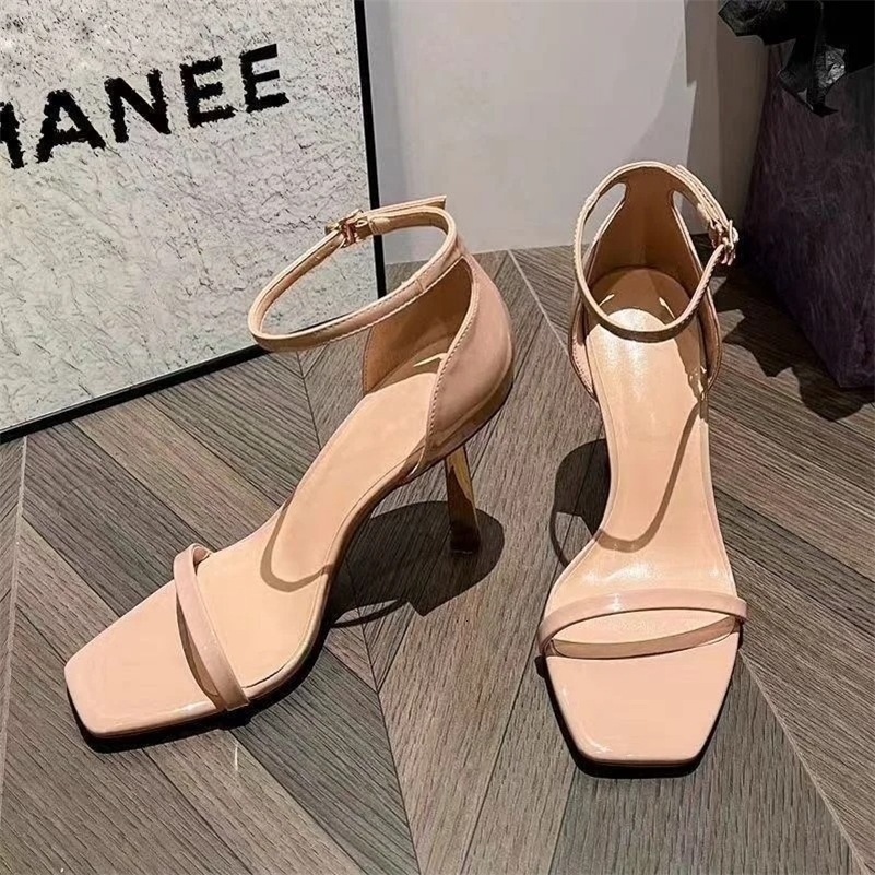 Womens High Heel Sandals Summer Bla Beige Seven Inch Nine Inch Ultra High Square Head One-Strap Large Size 43 260625