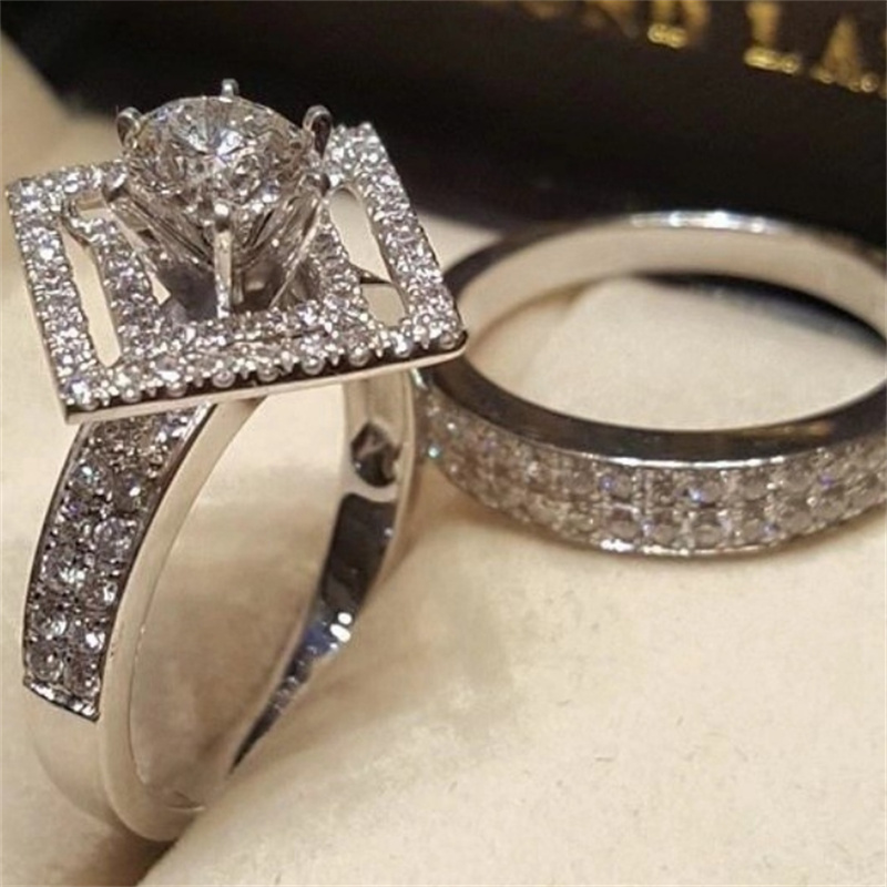 Square set diamond ring 925 silver plated zircon ring 2pcs/set women's wedding bride set engagement ring wedding ring CZ anniversary commemorat