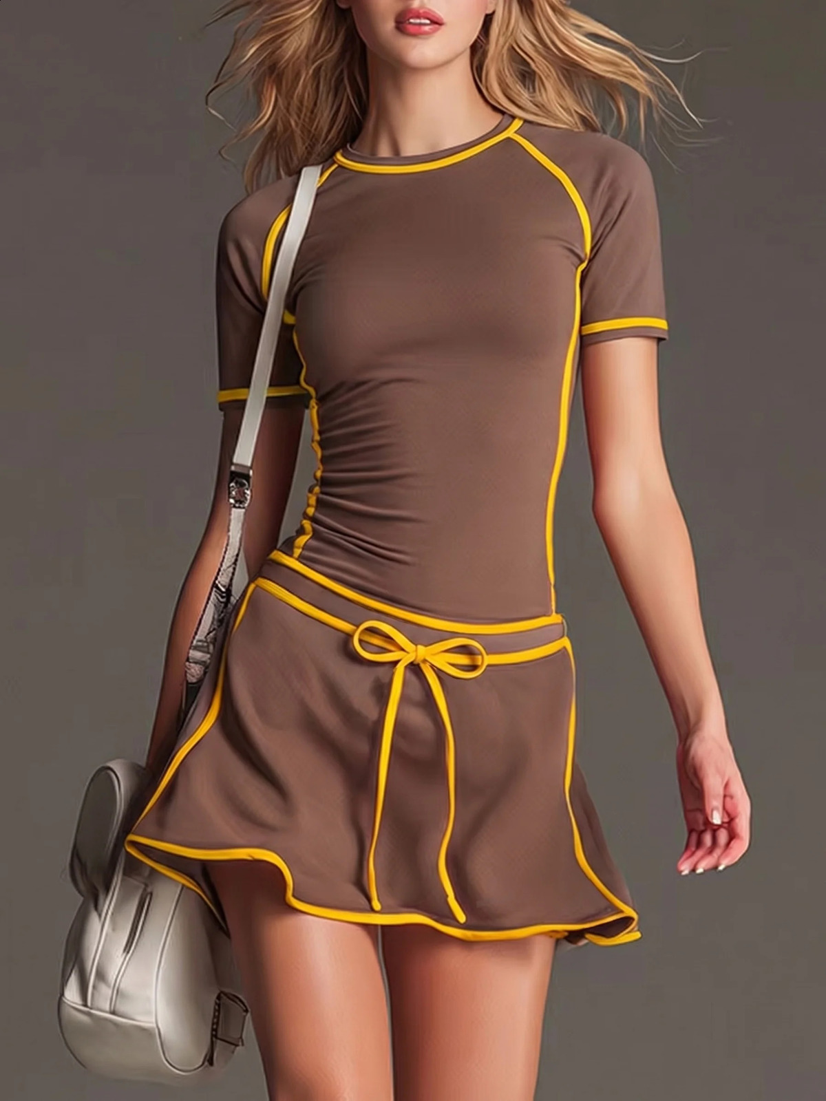 Ladies Fashion Sporty Short Sleeve round Neck Dress Spring Summer Style Casual Elegant Womens Clothing 260625