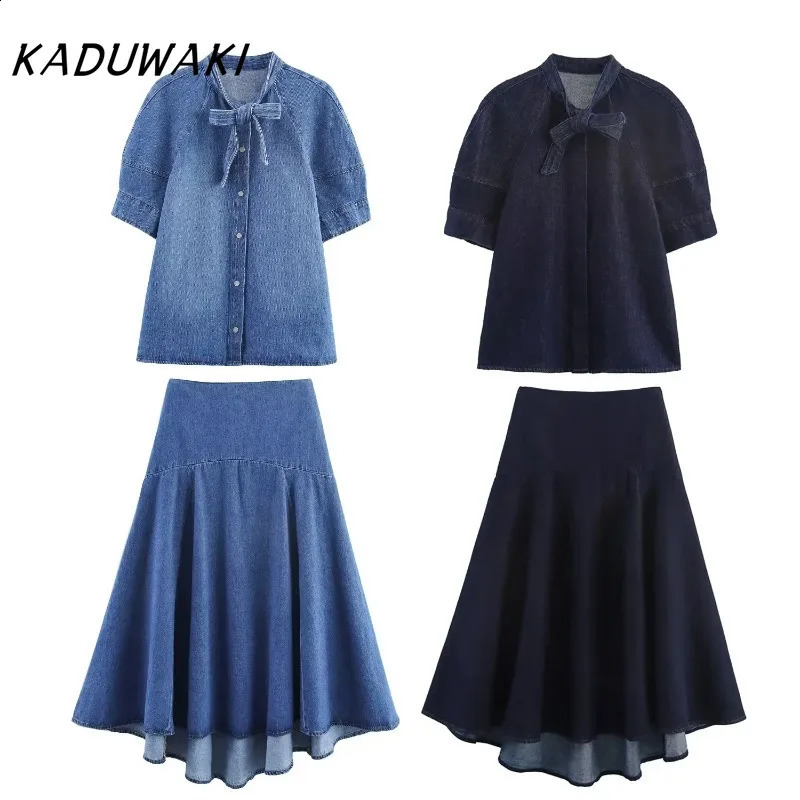 KADUWAKI American Retro Casual Womens O Neck Short Sleeve Shirt Top Solid Sagging Sense Long Skirt Sets Spicy Girl 2piece Set 260625
