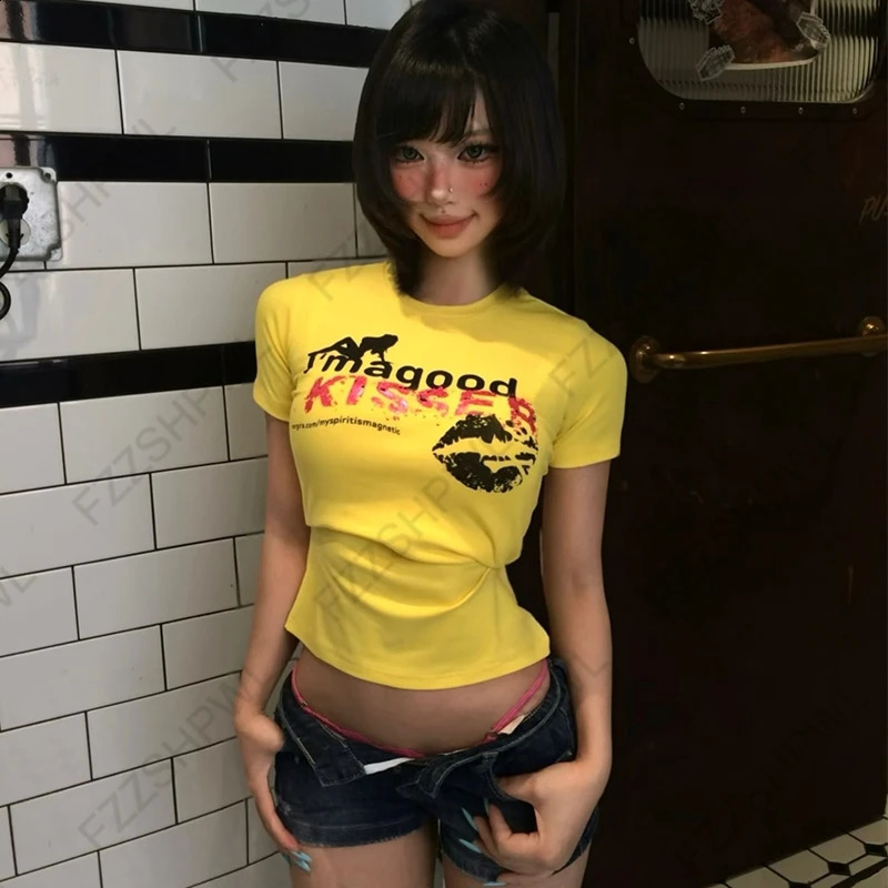 Sexy Slim Chic Summer Womens Crop Top Harajuku Y2K Aesthetic Printed Short-Sleeve Shirt Grunge Punk Hip-Hop ties Streetwear 260625