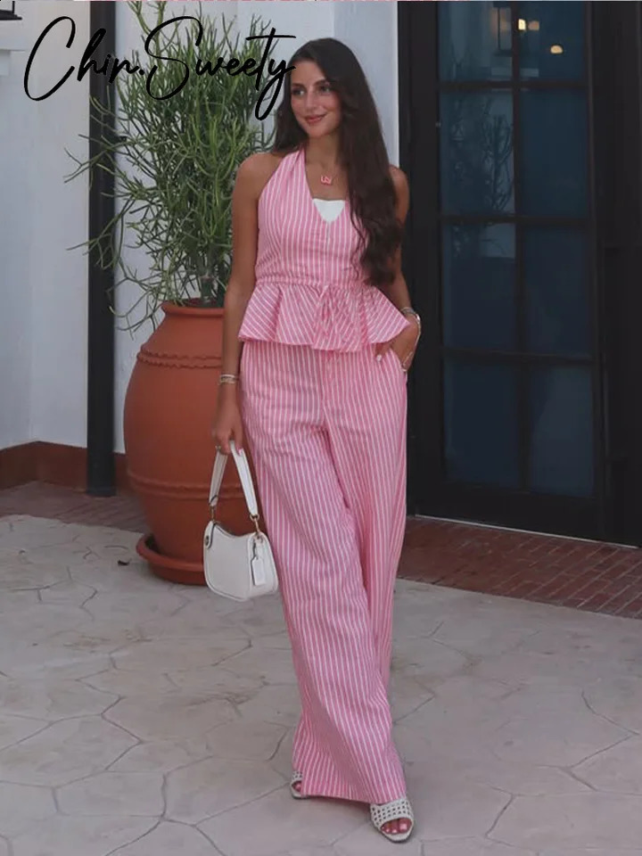 Elegant Striped Vest Pants Women Set Beach V-neck Pleated Backless Top Wide Leg Trousers Summer Chic Lady Outfit Suit 260625