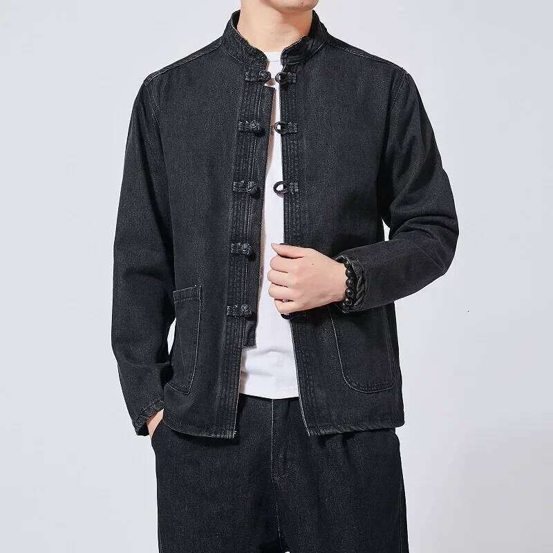 Autumn Chinese Style Tang Suit Washed Top Stand Collar Denim Casual Cotton Coat Jacket Men W260626