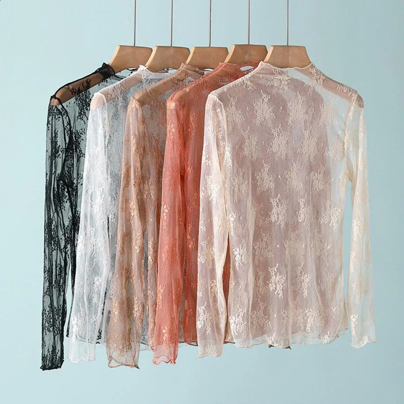 Women Floral Lace Shirt Spring Autumn Long Sleeve Sexy Mesh Bottoming Shirts Mock Neck Blouse T-Shirt Pullover Top 260626