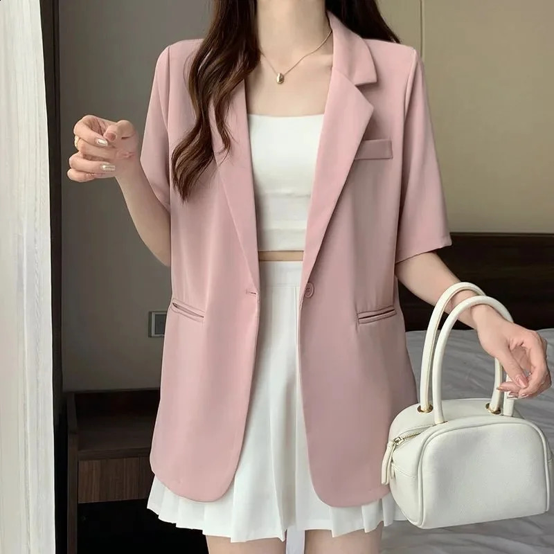 2026 Female Short Sleeved Suit Coat Women Summer Loose Fitting Solid Color Blazer Jacket Ladies Korean Leisure Tops Outerwear 260625