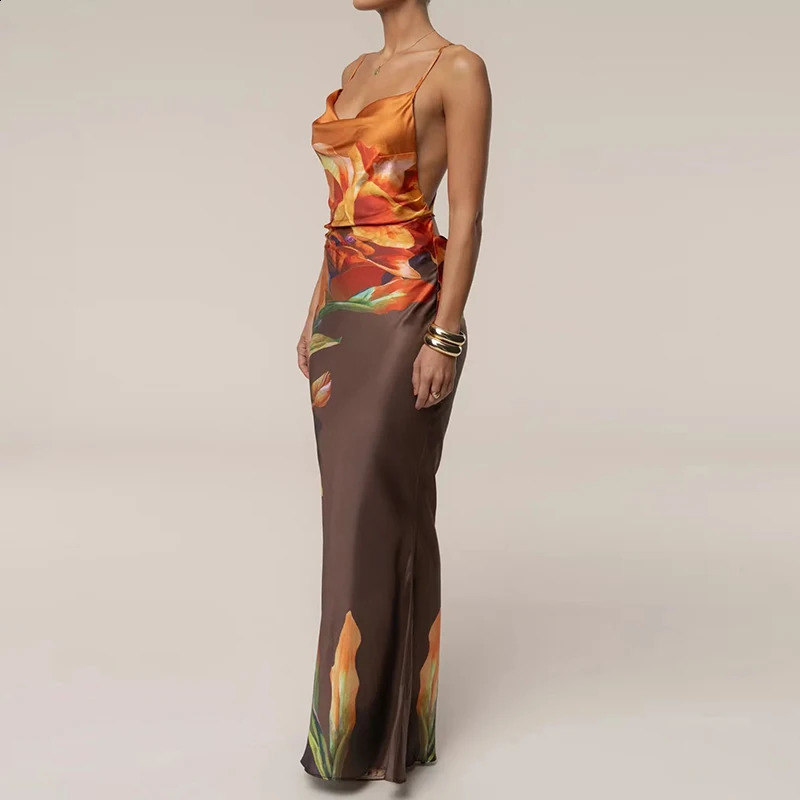 Elegant Backless Pleated High Waist Dresses Fashion Floral Printed Halter Dress Summer Sleeveless Hollow Out Slim Evening Dress 260625