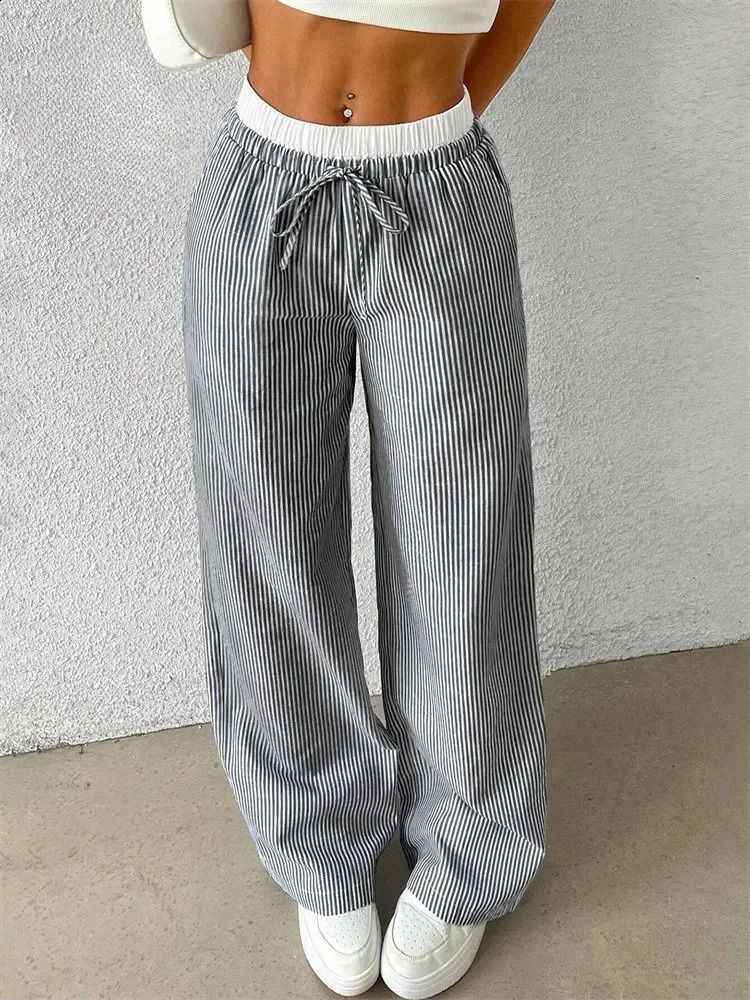Casual Striped Woven Wide Leg Pants for Women Autumn Winter Stylish Full Length Trousers Y2K Clothes Streetwear 260914
