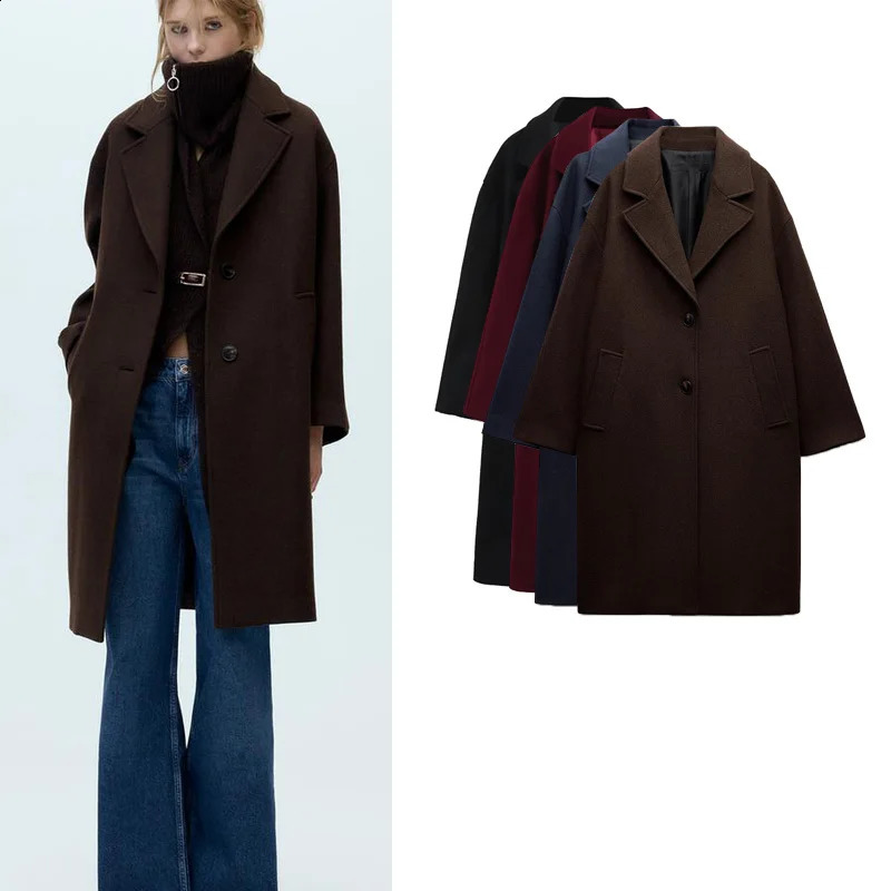 Autumn Winter Loose Long Sve Turn-down Collar Coat Arrival Womens Faion Woolen Outerwear Straight Cut Commute Sle 260625