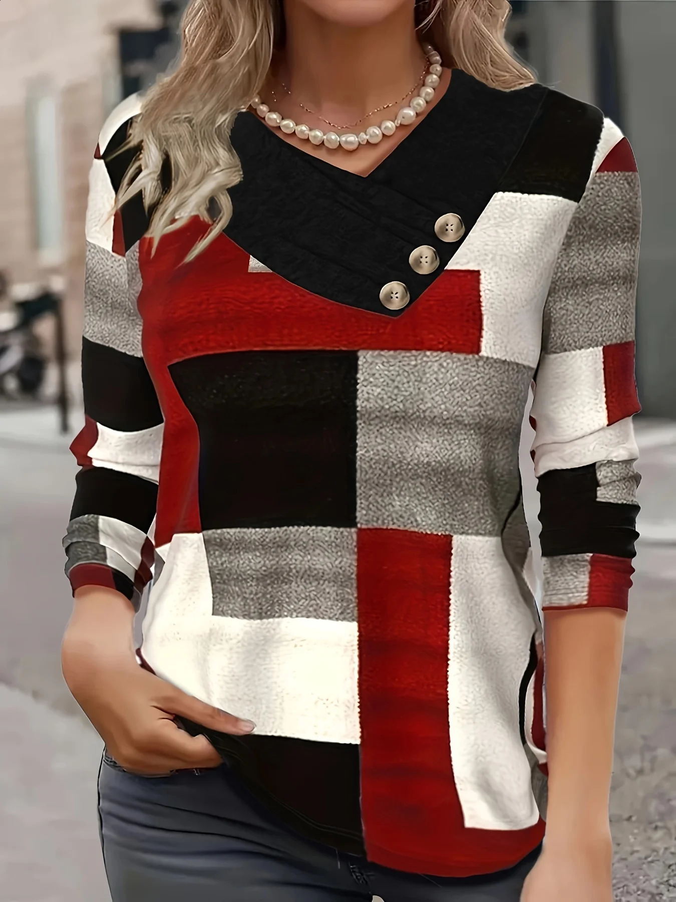 Autumn thin fashion plaid print V-neck button plus size womens long sleeve t-shirt 260626
