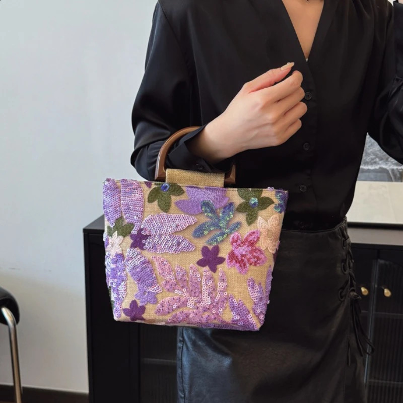 Embroidery Flower Sequined Shoulder Bag Beach Bag Large Capacity Straw Woven Basket Bags Faux Bamboo Handbag 260625
