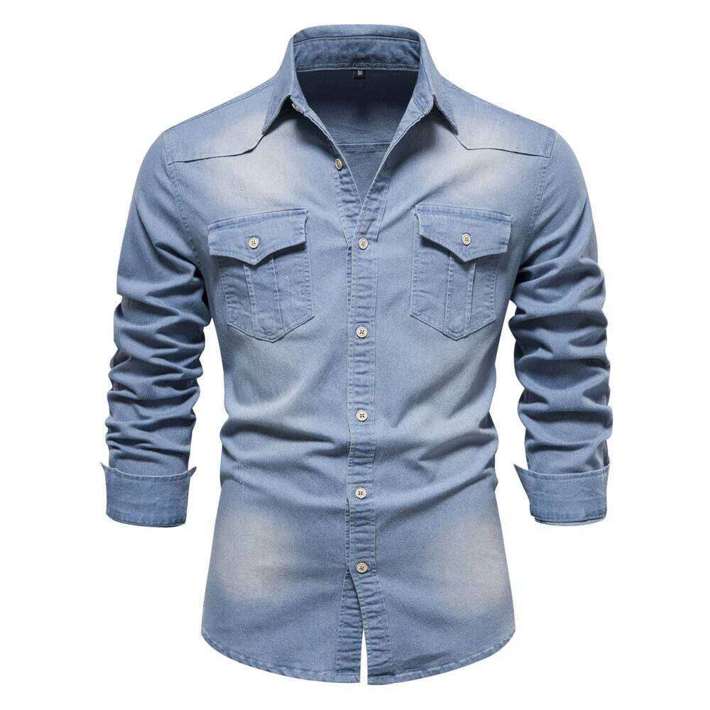 Spring Autumn Vintage Solid Men Washed Denim Shirt Causal Full Sleeve Turn Down Collar Single Breasted Multi Pockets Shirts Man W260626
