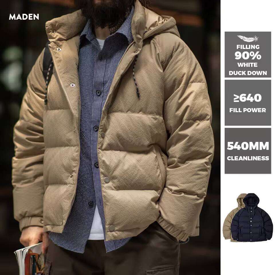 Maden Men's Winter Wide Quilting Seam Thickened White Duck Down Navy Blue Hooded Jacket High Density Fabric Warm Top J260626