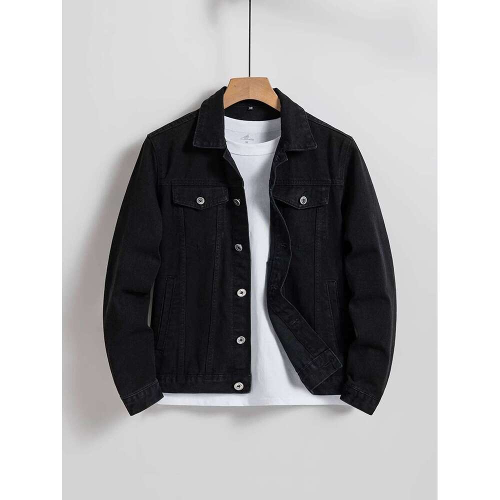 Men's jacket for spring autumn. Black regular lapel denim coat. Simple and versatile. For daily casual wear. W260626