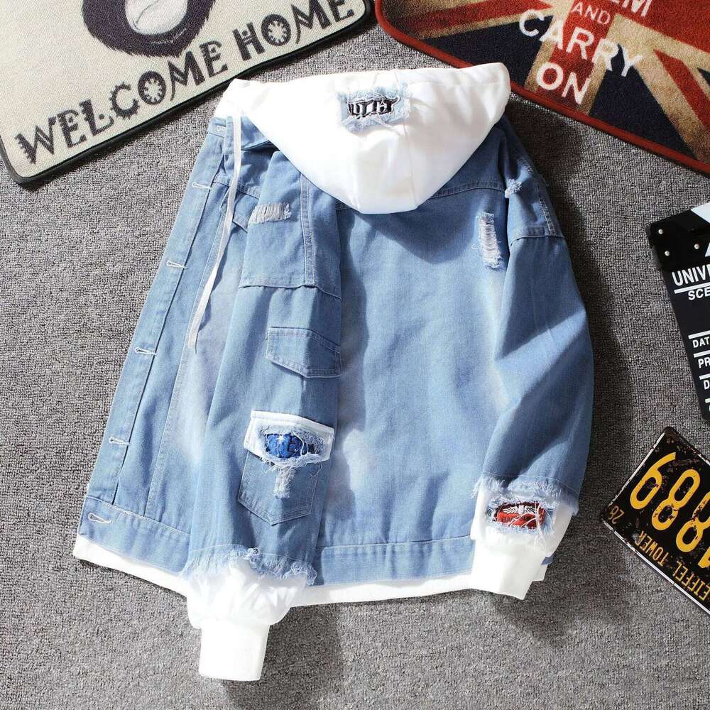 Autumn New Men's Fashionable Casual Street Hip-hop Fake Two-piece Hooded Single Breasted Slim Fit Denim Jacket W260626