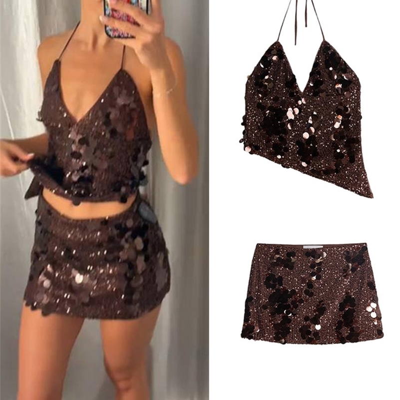 Sexy Sequin Mini Skirt Sets 2 Pieces for Women Halter Sleeveless Backless Vest Bodycon Skirt Suit 2026 Summer Party Club Outfits 260625