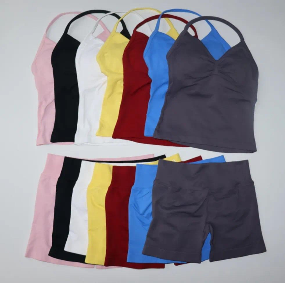 Designer 2Pcs Gym Set Women Sports Backless Tank Tops Vest High Waist Scrunch Seamless Shorts Gym Suit Fitness Clothes Activewear Workout Sets Yoga