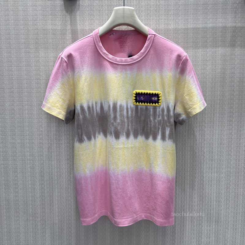 Designer Sweet And Cool Color-Block Tie-Dye Short-Sleeve T-Shirt, Pink-Yellow-Brown Gradient Stripes, Loose Round-Neck Casual Top For Summer Zt5721