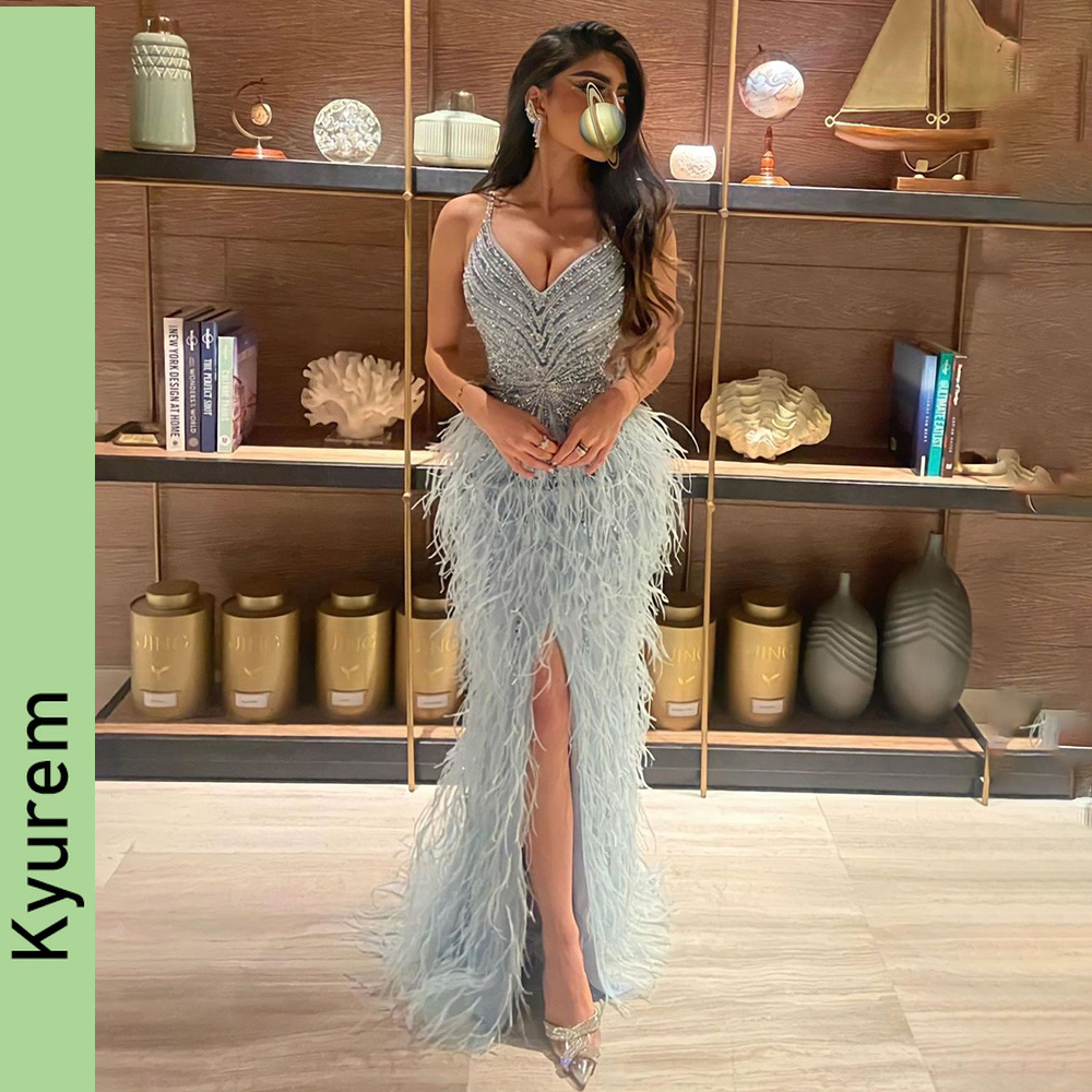 Spaghetti Strap Split Feathers Beading Formal Mermaid Evening Dresses Party Prom Gowns Robe De Soiree Custom Made Color/size
