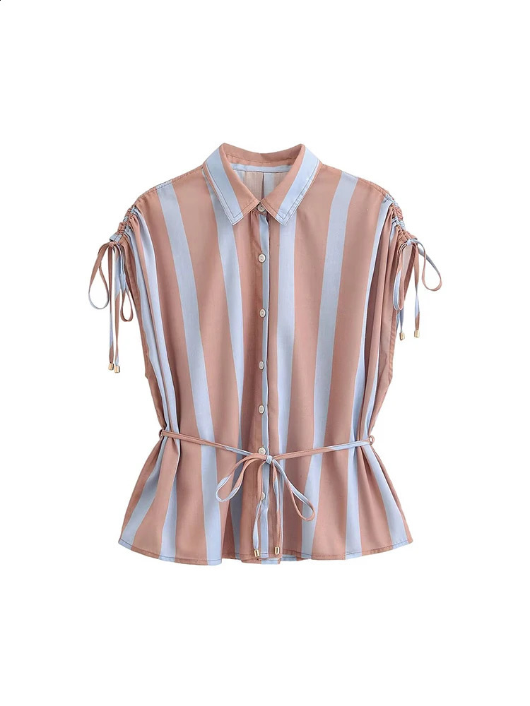TFMLN Women Sleeveless Shirt Lapel Collar Striped Front Button With Lace Up Casual Summer Tops Fashion Elegant Female Outfit 260624