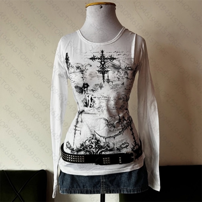 Y2k style aesthetic sweet and sexy long sleeved top for womens casual gothic punk printed T-shirt Harajuku Grunge clothes Emo 260625