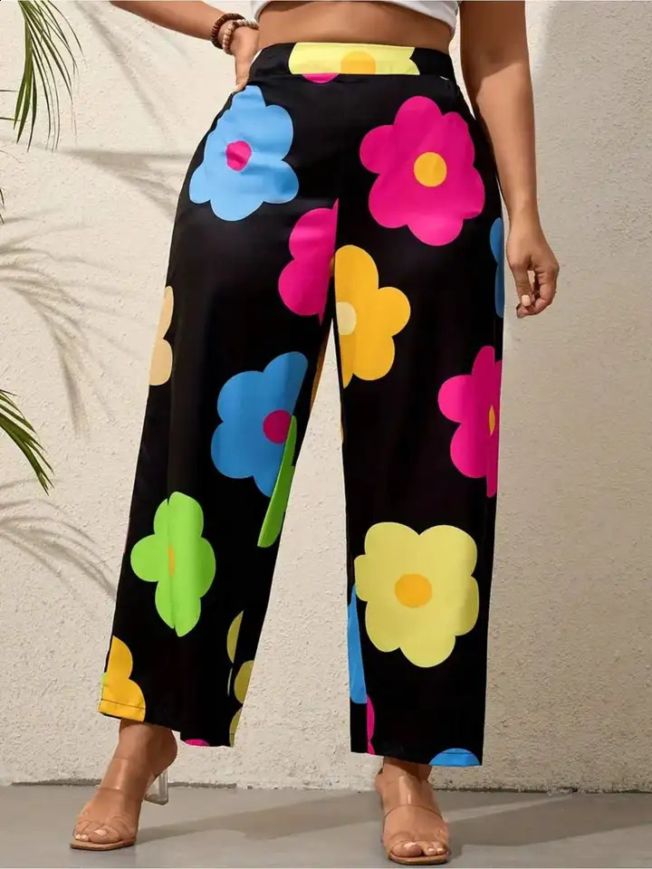 Plus Size Colorful Flower Print Wide Leg Pants Vacation Style High Waist Pants For Spring Summer Womens Plus Size Clothing 260625