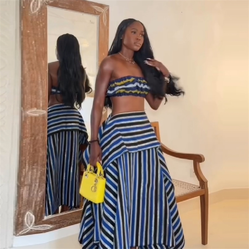 Bohemian Blue Striped Two-piece Set Strapless Ruffled Crop Top Tiered Maxi Skirt Women Summer Beach Vacation Chic Outfit 260615CJ