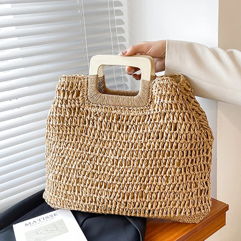 Summer Woven Straw Handbag Female Wooden Handle Bag Large Capacity Travel Beach Bag Fashion Style Totes Hollow out Tote Bolsa 260625