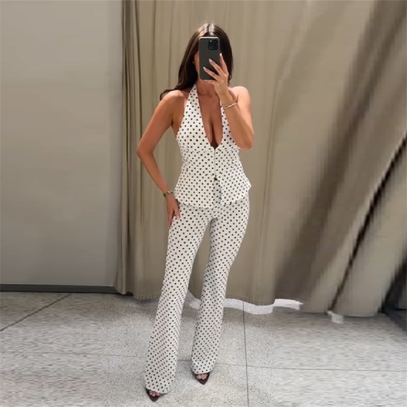 Retro Modern Polka Dot Set Halter Deep V Neck Vest Top Flared Pants Women Party Timeless Chic Female Classic Stylish Outfits 260625