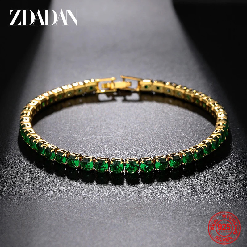 ZDADAN 925 Silver 18K Gold 4mm 16/17/18/19cm Green Zircon Bracelet Chains For Women Girls Fashion Jewelry 260626