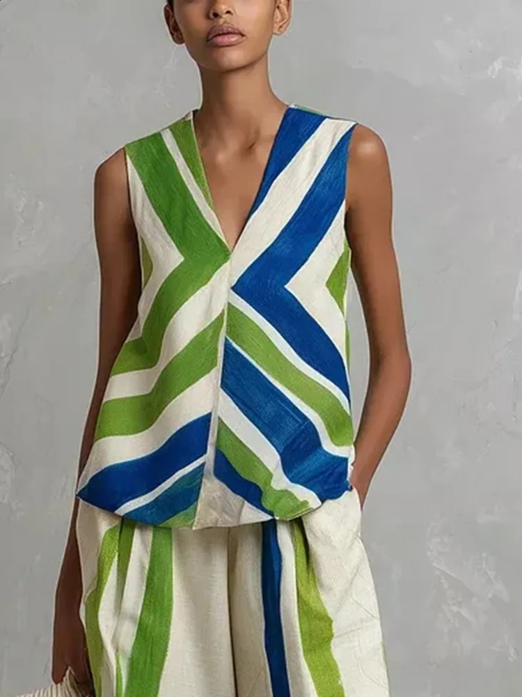 Yeezzi Womens Fashion Contrast Color Striped Printed V-Neck Tank Tops Summer Sleeveless Casual Office Ladies Blouses 260625