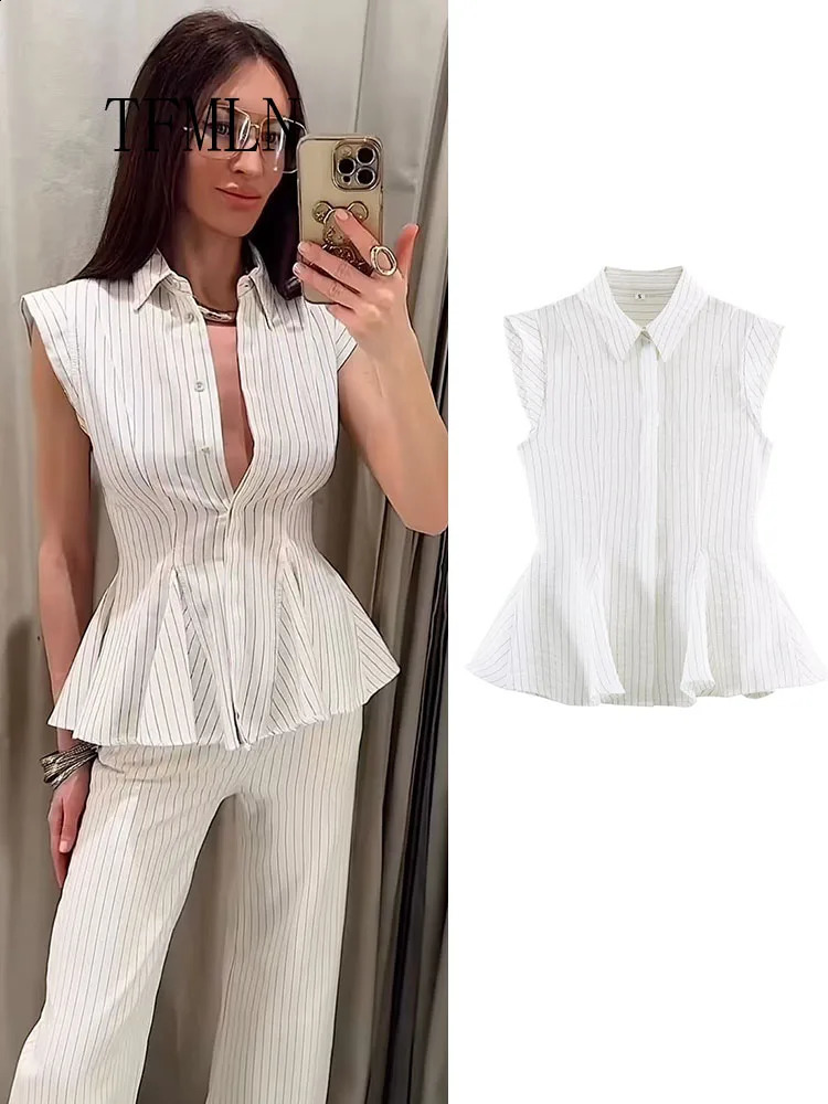 Camicetta a righe alla moda Top per donna Camicia estiva monopetto senza maniche con risvolto OL Camicia causale elegante unica estiva 260625