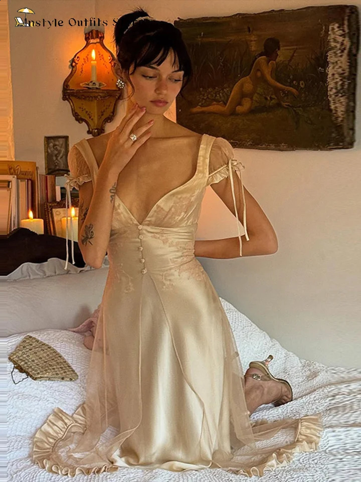 Elegant Mesh Satin Maxi Dresses Women Puff Sleeves Waist-cinching Deep V-neck Dress Ladies Summer Party Evening Grown 260625